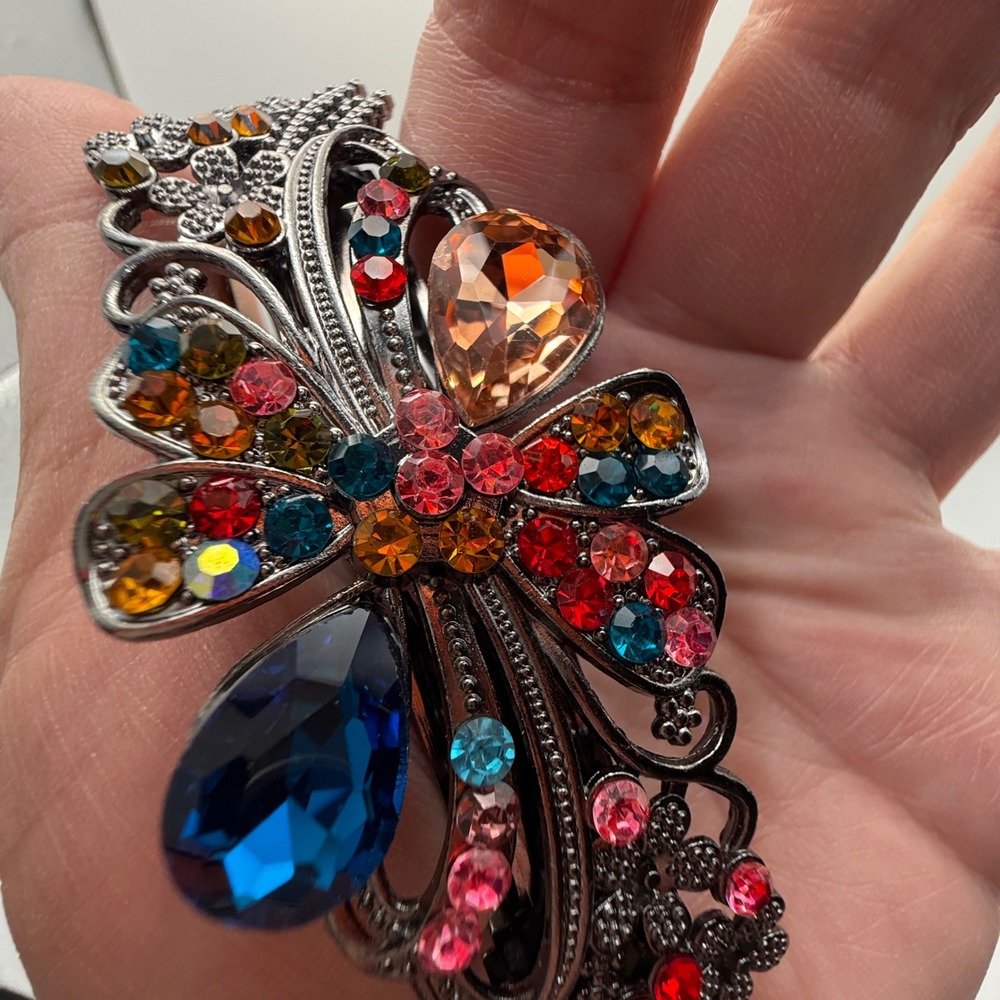 Multicolor Rhinestone Floral Barrette Large Jeweled Hair Clip Gunmetal 4" - Picture 3 of 9